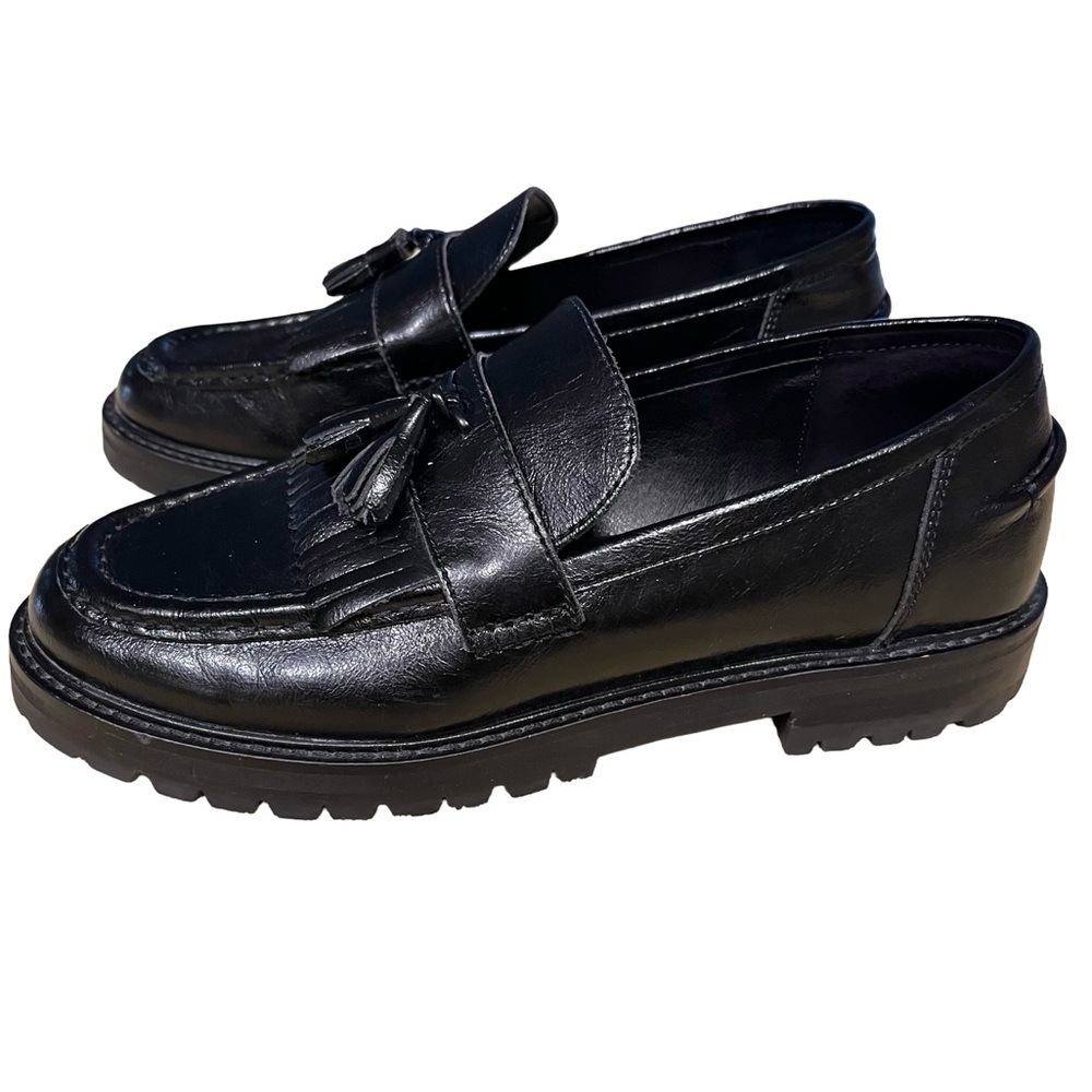 Steve Madden Black Minka Women’s Sz 10 Tassel Leather Loafers Lug Sole EUC